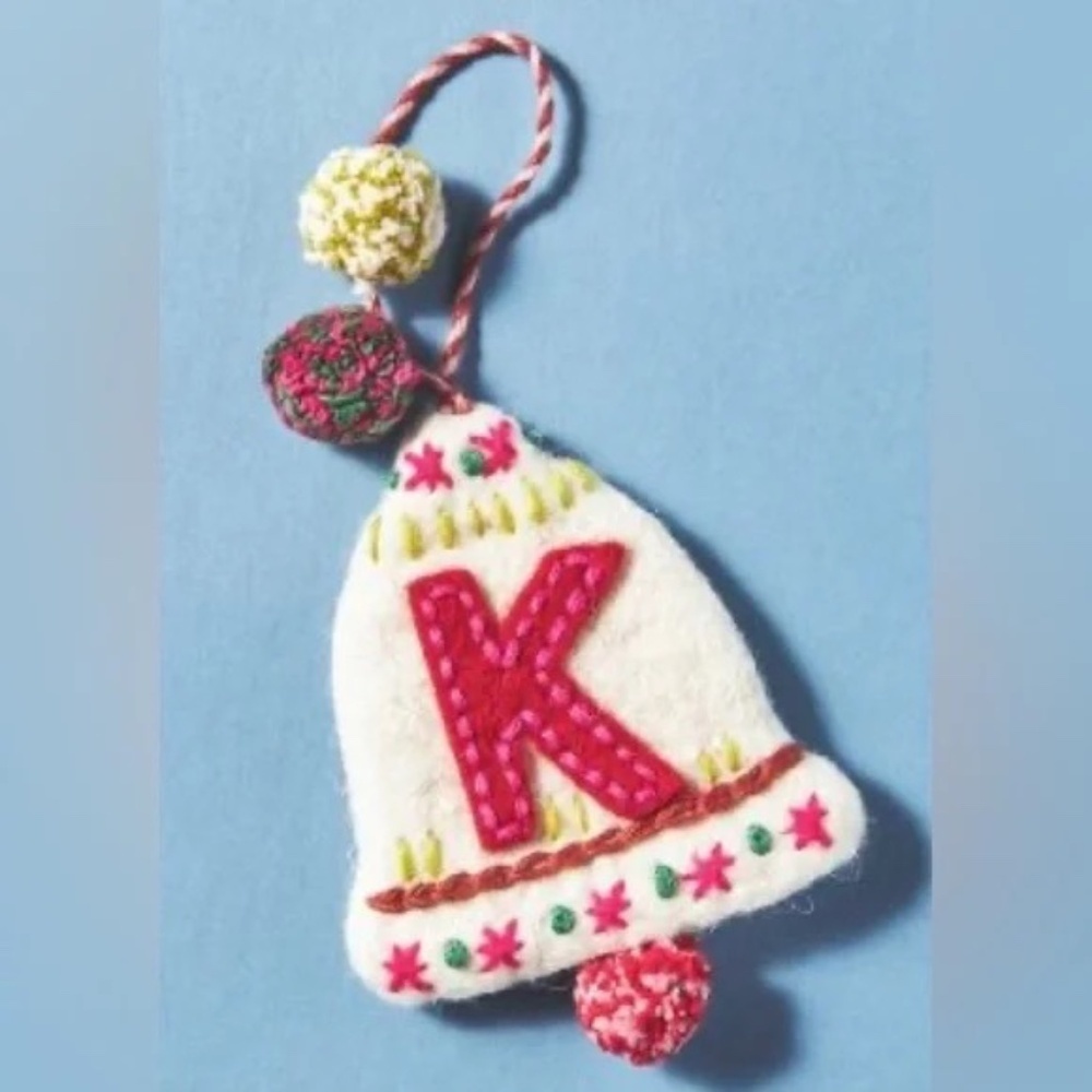 New!  Anthropologie Snow Day Monogram Felt Ornament K